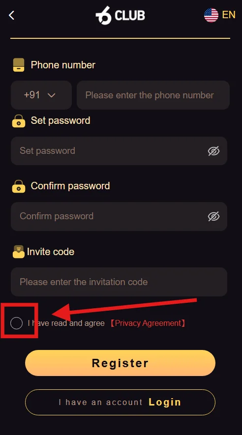An image of registration page with a red arrow pointing towards the checkbox to accept the Privacy agreement.
